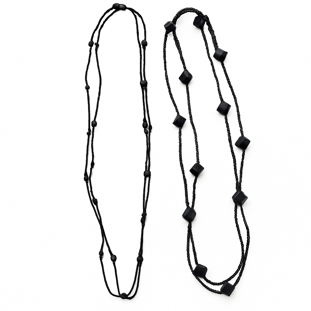 Set of 2 Black Mid Century Bohemian Glass Bead Necklaces 60" Opera Length Estate